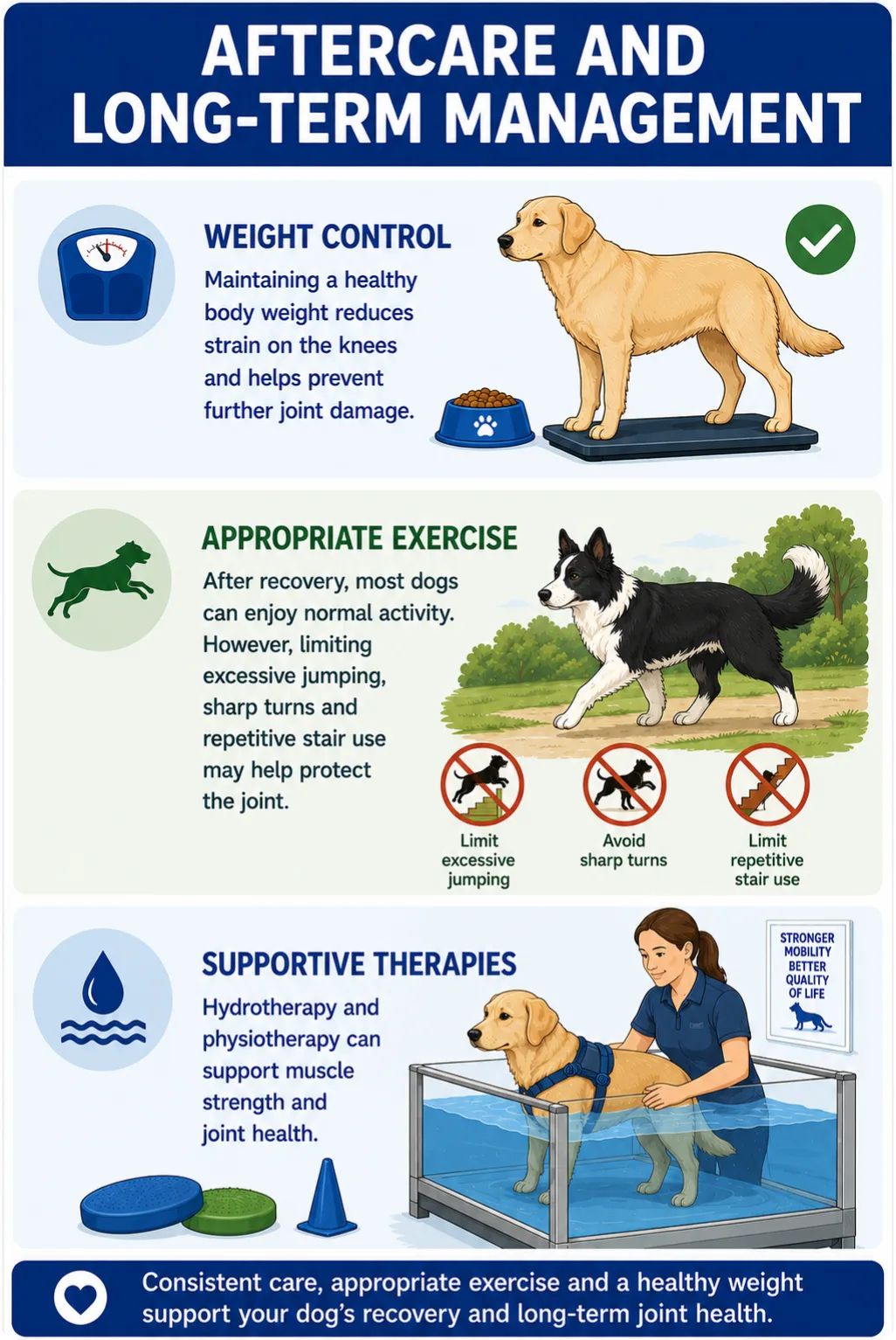 Aftercare and Long-Term Management Weight control Maintaining a healthy body weight reduces strain on the knees and helps prevent further joint damage. Appropriate exercise After recovery, most dogs can enjoy normal activity. However, limiting excessive jumping, sharp turns and repetitive stair use may help protect the joint. Supportive therapies Hydrotherapy and physiotherapy can support muscle strength and joint health.