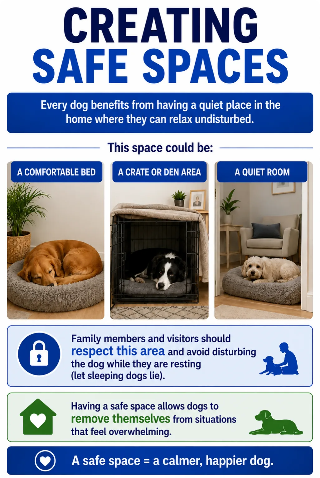 Infographic titled “Creating Safe Spaces” explaining that every dog benefits from having a quiet place to relax undisturbed. It shows three options: a comfortable bed, a crate or den area, and a quiet room. It advises family members and visitors to respect the space and avoid disturbing a resting dog, and explains that a safe space allows dogs to remove themselves from overwhelming situations.