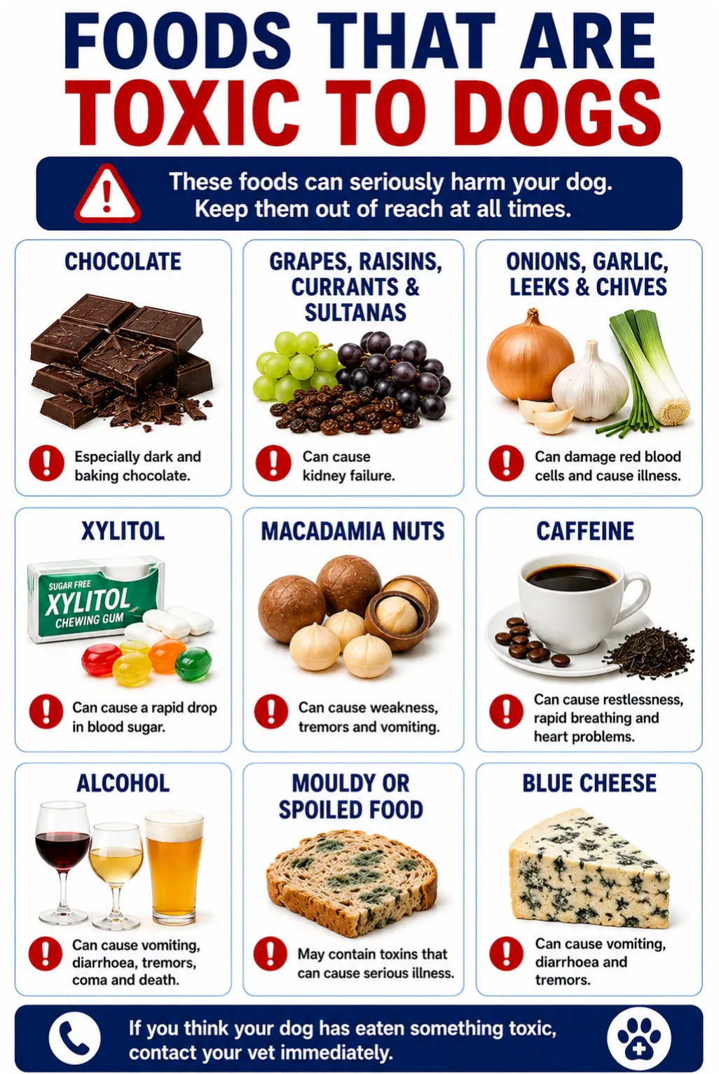 Infographic titled “Foods That Are Toxic to Dogs” showing nine toxic foods: chocolate, grapes, raisins, currants and sultanas, onions, garlic, leeks and chives, xylitol, macadamia nuts, caffeine, alcohol, mouldy or spoiled food, and blue cheese, with brief warnings about their health risks. The graphic advises contacting a vet immediately if a dog has eaten something toxic.