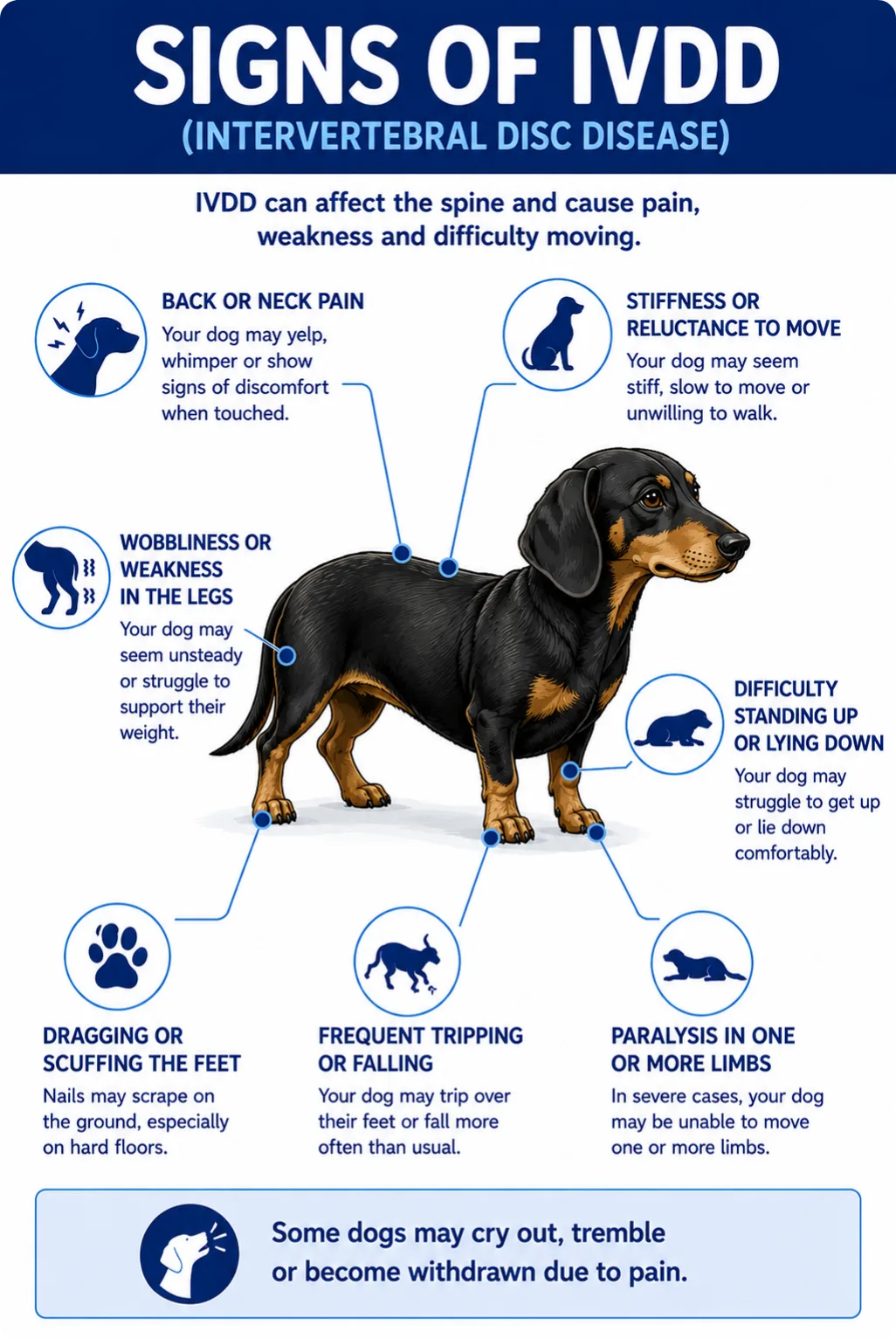 Signs to Watch Out For Symptoms can vary depending on where the disc is affected and how much pressure is placed on the spinal cord. Common signs include: back or neck pain - stiffness or reluctance to move wobbliness or weakness in the legs difficulty standing up or lying down dragging or scuffing the feet frequent tripping or falling paralysis in one or more limbs Some dogs may cry out, tremble, or become withdrawn due to pain.