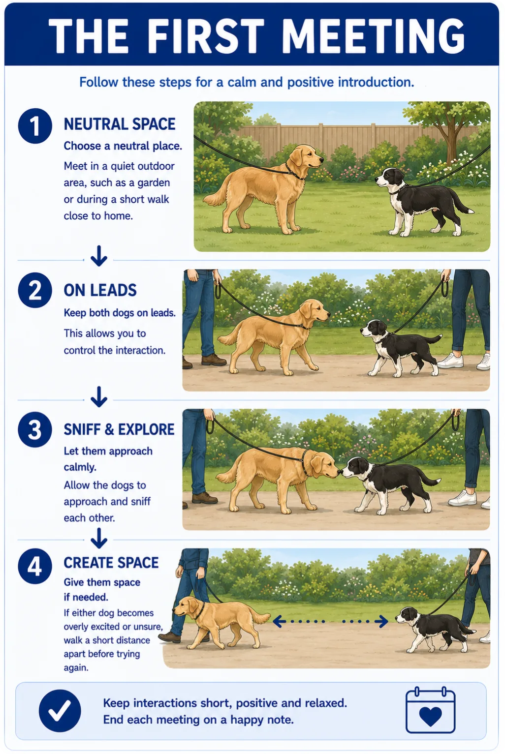 The First Meeting It is usually best for the first introduction to take place in a neutral outdoor area, such as the garden or during a short walk close to home. If you choose to meet outdoors, try to select a quiet location where there are few other dogs to reduce the risk of infection. Both dogs should initially be on a lead so the interaction can be controlled. Allow them to approach each other calmly and sniff. This is an important way for dogs to gather information about one another. If either dog becomes overly excited or unsure, gently create some space by walking a short distance apart before allowing them to interact again.