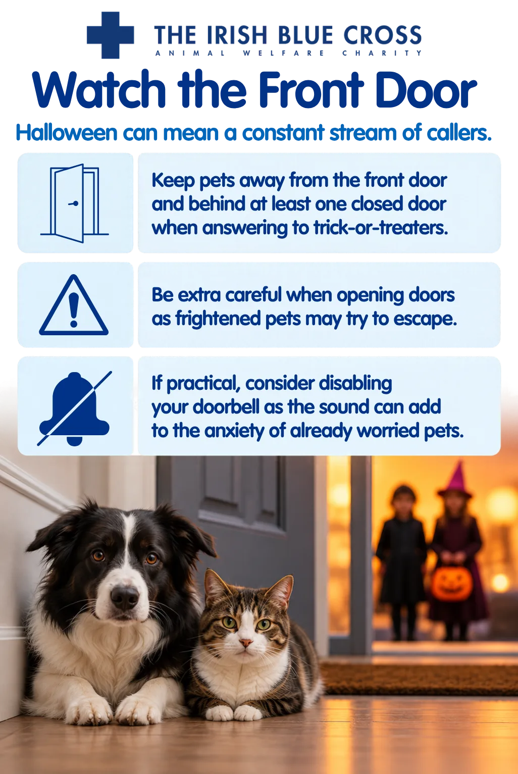 Watch the Front Door Halloween can mean a constant stream of callers. Keep pets away from the front door and behind at least one closed door when answering to trick-or-treaters. Be extra careful when opening doors as frightened pets may try to escape. If practical, consider disabling your doorbell as the sound can add to the anxiety of already worried pets.